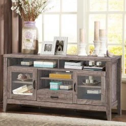 56 in. Walnut TV Stand Fits TVs Up to 65 in with Glass Storage and Drawer by Boyel Living -MODWAY store walnut boyel living tv stands hysn 65208 31 1000