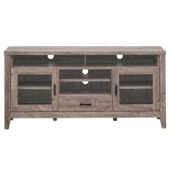 56 in. Walnut TV Stand Fits TVs Up to 65 in with Glass Storage and Drawer by Boyel Living