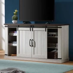 54 in. Walnut and Brown Wood TV Stand Fits TVs Up to 60 in. with Sliding Barn Door and Storage Shelf by Boyel Living -MODWAY store walnut brown boyel living tv stands rt 1901 31 1000