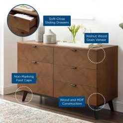 Kali 6-Drawer Walnut Wood Dresser 29.5 in. x 47 in. x 17.5 in. by MODWAY -MODWAY store walnut modway dressers mod 6194 wal 1d 1000
