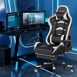 White and Black Computer Gaming Adjustable Lumbar Support Chair and Ergonomic Swivel Rolling Massage Chair with Headrest by Boyel Living -MODWAY store white and black boyel living gaming chairs hysn 66330wh 31 1000