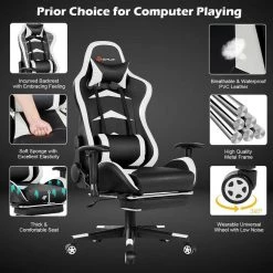 White and Black Computer Gaming Adjustable Lumbar Support Chair and Ergonomic Swivel Rolling Massage Chair with Headrest by Boyel Living -MODWAY store white and black boyel living gaming chairs hysn 66330wh 44 1000