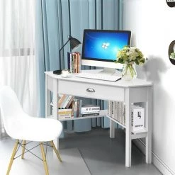 41.5 in. White Wooden PC Laptop Computer Desk with Storage Drawer and Shelves by Boyel Living 15 41.5 in. White Wooden PC Laptop Computer Desk with Storage Drawer and Shelves by Boyel Living -MODWAY store white boyel living computer desks hysn 53866wh 31 1000