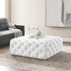 Anthem White Tufted Button Large Square Faux Leather Ottoman by MODWAY